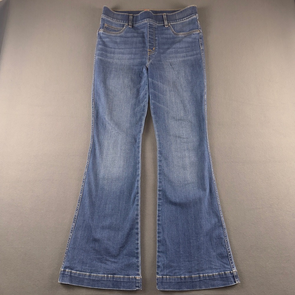 Spanx Flare Jeans Womens Large Petite Blue Denim Pull On High Rise Shaping Leg